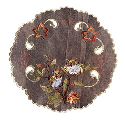 Eule Kastanie Herbst Stickerei Tischdecke Tischläufer Leinen-Optik Braun (40 rund) von Westernlifestyle
