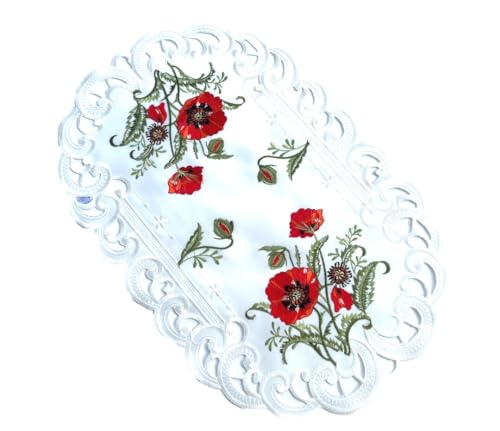 Tischdecke Roter Klatschmohn Stickerei Tischläufer Oval Polyester Creme weiß (30 x 45 cm) von Westernlifestyle