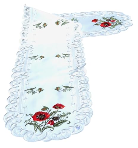 Tischdecke Roter Klatschmohn Stickerei Tischläufer Oval Polyester Creme weiß (30x160 cm) von Westernlifestyle