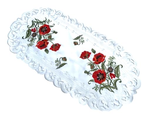 Tischdecke Roter Klatschmohn Stickerei Tischläufer Oval Polyester Creme weiß (35x70 cm) von Westernlifestyle