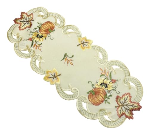 Tischläufer Tischdecke Mitteldecke Tischband Herbstdecke gestickt Kürbis Sonnenblume Herbstblätter Creme Polyester (22x55) von Westernlifestyle