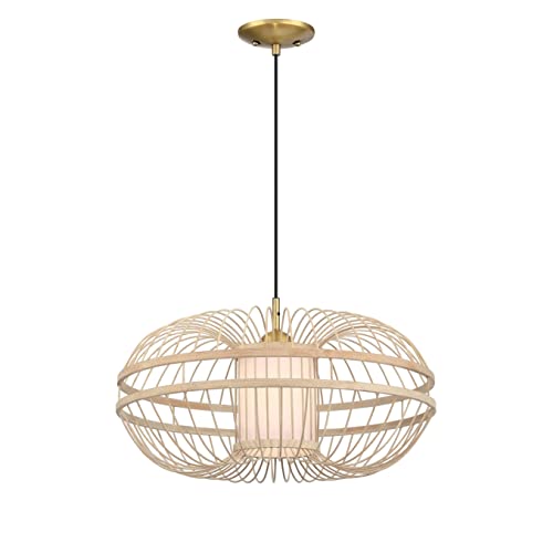 Westinghouse Lighting 6125540 Moderne einflammige Pendelleuchte Tulcea Innenbereiche,Ausführung in gebürstetem Messing,Lampenschirm aus Bambus und Milchglas, Gebürstetes Messing von Westinghouse