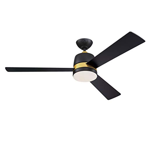 73039 Tristan, moderner 132 cm DV/Beleuchtung und Fernbedienung von Westinghouse Lighting, Mattschwarz, goldfarbene Akzente/Lampenschirm aus Opalmilchglas Deckenventilator von Westinghouse