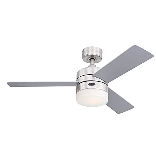 7306040, Moderner 105 cm LED-Deckenventilator Alta Vista von Westinghouse Lighting mit Beleuchtung und Fernbedienung, Ausführung in seidenmattem Satin Chrom mit Opalmilchglas von Westinghouse Lighting