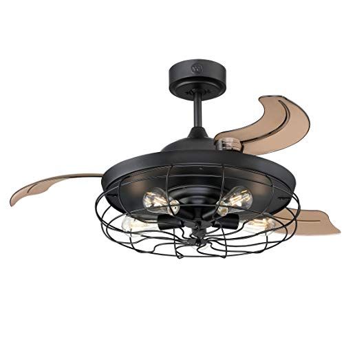 73001 Dunlin, 105 cm LED-Deckenventilator mit Beleuchtung und Fernbedienung von Westinghouse Lighting im Vintage-Stil, Ausführung in Mattschwarz mit käfigförmigem Lampenschirm und einziehbaren Flügeln von Westinghouse