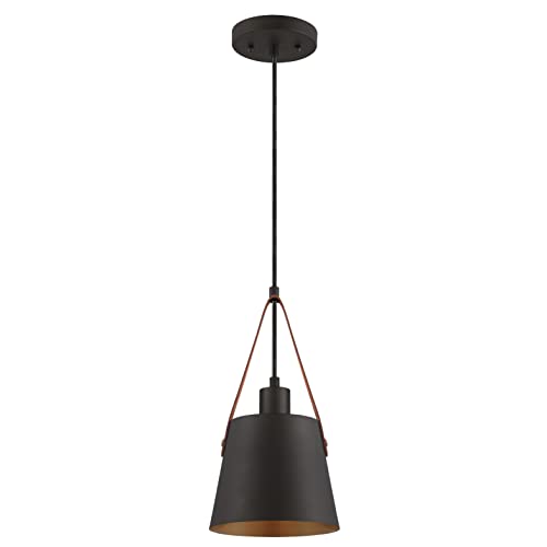 Westinghouse Lighting 6125340 Moderne einflammige Pendelleuchte Pasco Innenbereiche, Ausführung in dunkler Bronze mit Lederbändern von Westinghouse