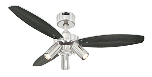 72290 Jet Plus, moderner 105 cm Deckenventilator von Westinghouse Lighting mit Beleuchtung, Ausführung in gebürstetem Nickel, mit Strahlern, inkl. Fernbedienung 72290 Jet Plus, moderner 105 cm Deckenventilator von Westinghouse Lighting mit Beleuchtung, Ausführung in gebürstetem Nickel, mit Strahlern, inkl. Fernbedienung von Westinghouse