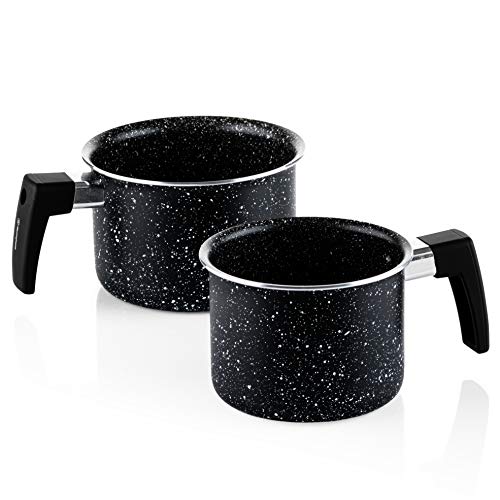 Westinghouse Milchpfannen-Set - Ø 12 & 14 cm - PFAS freie Milchkanne - Antihaftbeschichtung - Spülmaschinenfest - Schmortopf - Kochtopf - Schwarzer Marmor von Westinghouse