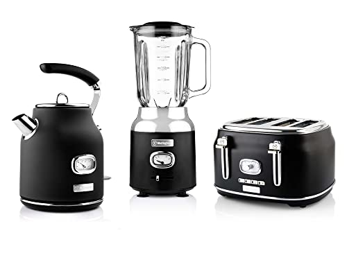 Westinghouse Retroline Frühstück-Set Schwarz, Toaster, Standmixer & Wasserkocher, 1.7 Liter, Kalkfilter & Überhitzungsschutz, Vier Schlitz Toaster mit Brötchenaufsatz, Standmixer 3 Geschwindigkeiten von Westinghouse