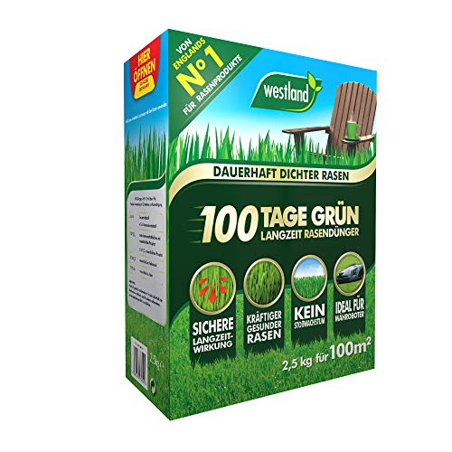 Westland 100 Tage Grün, 2,5 kg, 100 m² – Langzeitdünger für dauerhaft dichten Rasen, feines Rasen-Granulat, Rasendünger ideal für Mähroboter von Westland
