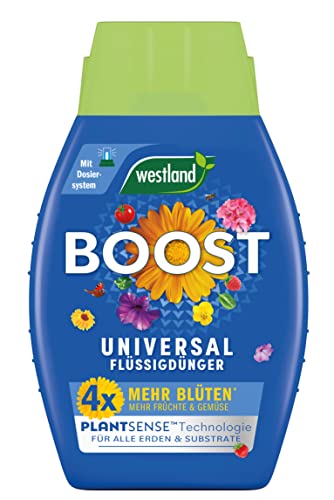 Westland BOOST Flüssigdünger, 1 Liter – innovativer Blumendünger für 4 x mehr Blütenpracht – vielseitiger Universaldünger mit praktischer Dosierhilfe von Westland