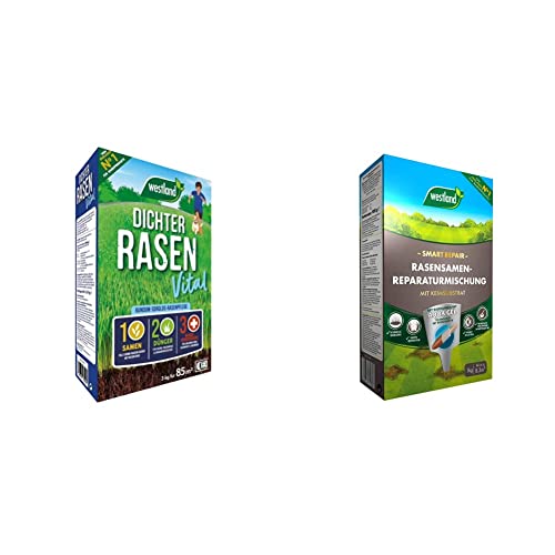 Westland Dichter Rasen Vital, 3 kg, 85 m² & Smart Repair Rasensamen-Reparaturmischung, 1 kg, 8,3 m² – Rasensamen zur Ausbesserung kleinerer Schadstellen, Gras-Saat mit Keimsubstrat von Westland