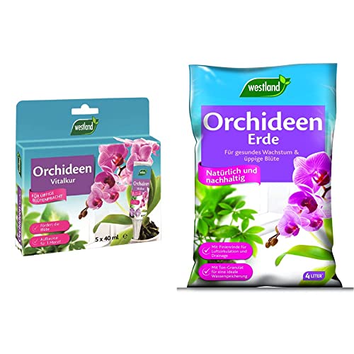 Westland Orchideen Vitalkur, 5x 40 ml – Pflanzendünger für gesundes Wachstum und Blüte, gebrauchsfertiger Flüssigdünger & Orchideen Erde, 4 l – Blumenerde für gesundes Wachstum von Westland