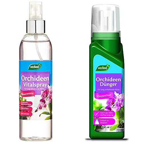 Westland Orchideen Vitalspray, 250 ml – Blattpflege speziell für Orchideen, 200 ml – Pflanzendünger für gesundes Wachstum und lang anhaltende Blüten, Flüssigdünger mit praktischer Dosierhilfe von Westland