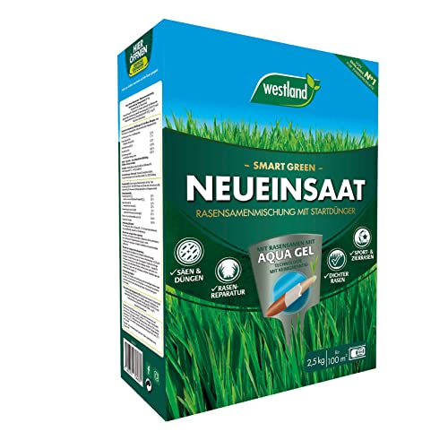 Westland Smart Green Rasensamenmischung Neueinsaat, 2,5 kg, 100 m² – Rasensamen zur Neusaat und Revitalisierung, Gras-Saat mit Startdünger von Westland