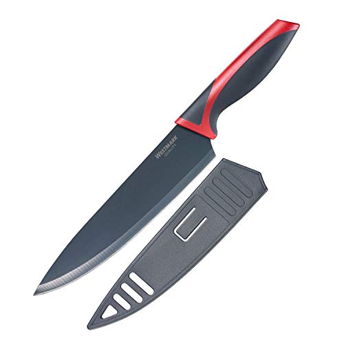 Westmark Chef-/Küchenmesser, Klingenlänge: 20 cm, breite Klinge, mit Klingenschutz, Rostfreier Edelstahl/Kunststoff, Anthrazit/Rot, 14542280 von Westmark