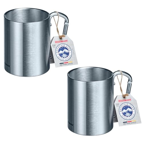 Westmark 2 Edelstahltassen mit Karabinerhaken – Praktische Camping-Tassen Outdoor, ideal für heiße und kalte Getränke, Becher mit Karabiner – 300 ml, Edelstahl, rostfrei, 615422E3 von Westmark