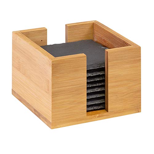 Westmark 8 Naturschiefer-Glasuntersetzer in Bambusbox, quadratisch, mit Kratzschutz, 10 x 10 cm, Schiefer/Bambus, Tapas + Friends, Anthrazit/Hellbraun, 69232260 von Westmark