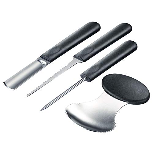 Westmark Dekorations-Schnitz-Set für Kürbisse und anderes Obst/Gemüse, 4-tlg., inklusive Schnitz-Vororlagen, Halloween, Rostfreier Edelstahl/Kunststoff, Schwarz/Silber, 51282260 von Westmark