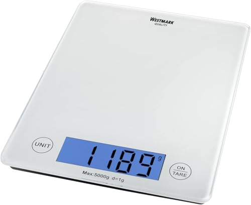 Westmark Digitale Küchenwaage mit Tara-Funktion, Wiegebereich bis 5 Kg, Glas-Wiegefläche, 23 x 18 x 1,8, Milchglas, Elegance, Weiß/Transparent, 30332260 von Westmark