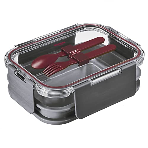 Westmark Lunch Box, Füllvolumen: 1740 ml, Zwei Etagen, Mit Besteck, 4 sichere Klick-Verschlüsse, Glas/Silikon/Kunststoff, Comfort, Transparent/Anthrazit/Rot, 236022EA von Westmark