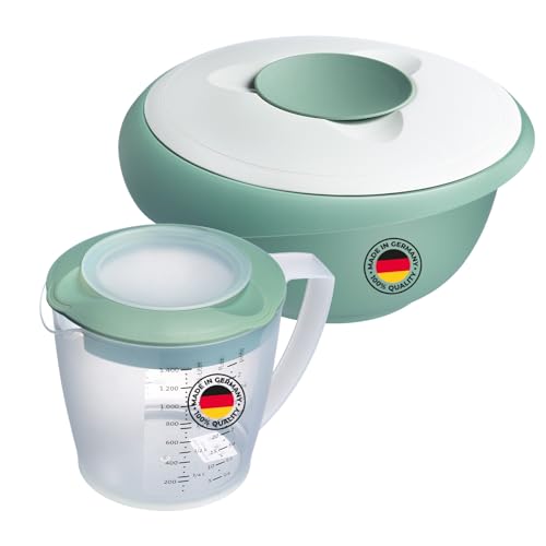 Westmark Rührschüssel (2,5 l) und Rührbecher Helena (1,4 l) – Rührschüssel mit Spritzschutzrand und Gummiring – Becher mit Ausgießer und Messskala – Mint-grün/Weiß von Westmark