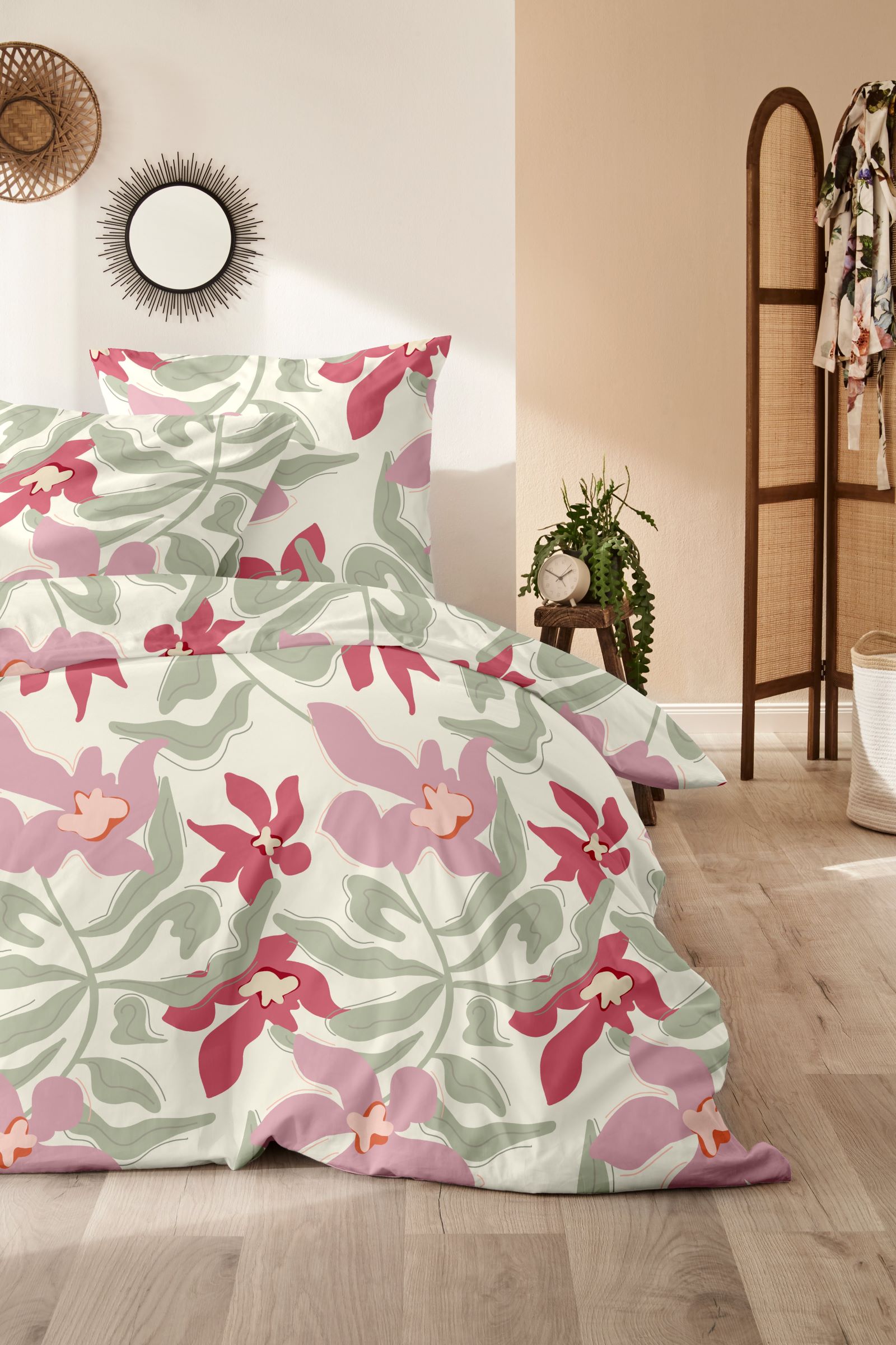 Westminster Biber Bettwäsche 135x200 Blätter Blüten beige grün rosa 172169-52 von Westminster