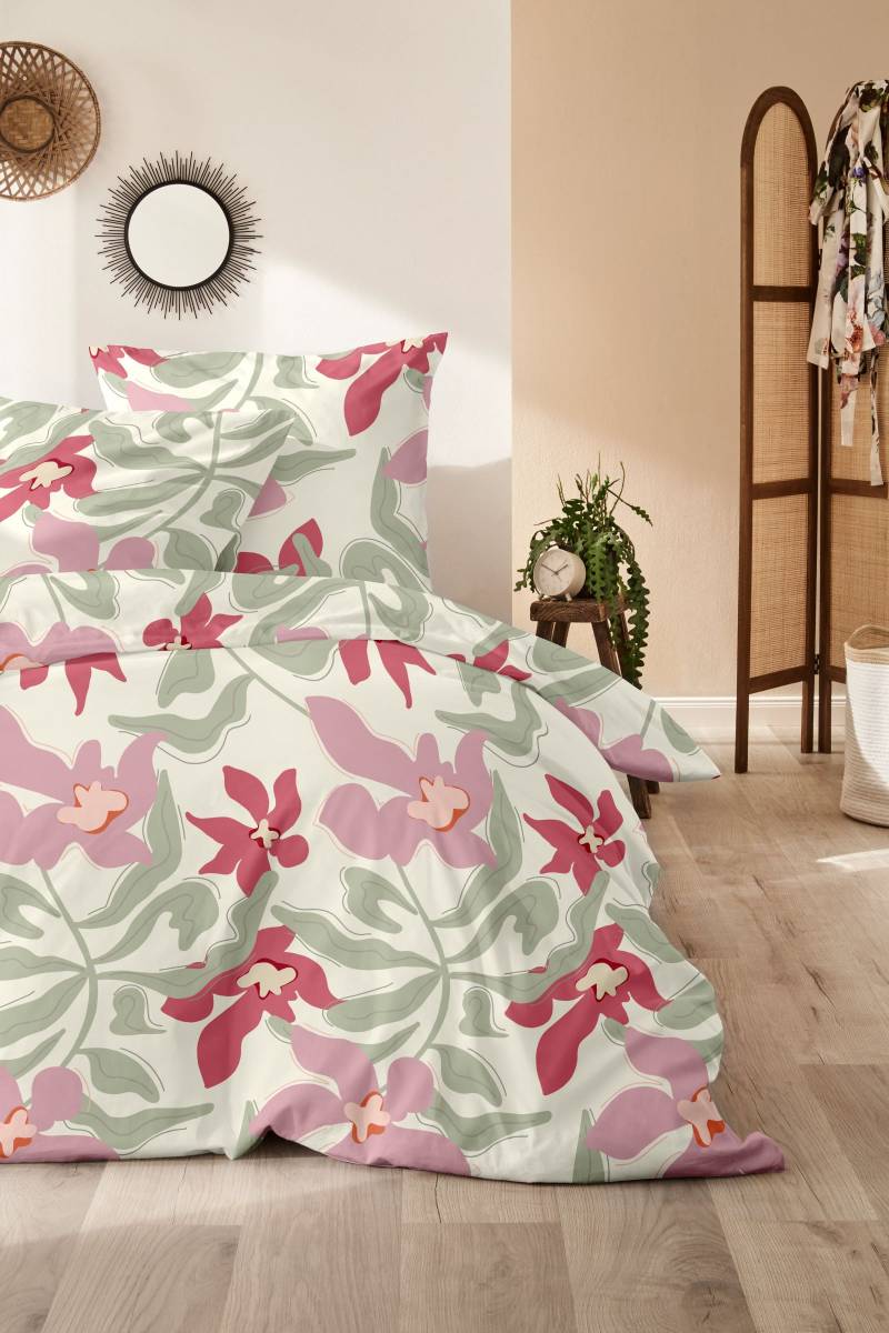 Westminster Biber Bettwäsche 135x200 Blätter Blüten beige grün rosa 172169-52 von Westminster