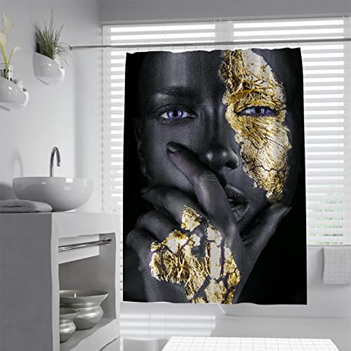 Afrikanisches Afro-Duschvorhang-Set, afrozentrisches schwarzes Mädchen, goldenes Gesicht, Badvorhang, Frauen, Kunstdruck, Baddekoration, wasserdicht, 90 x 180 cm, Duschvorhang von Wewoo Home