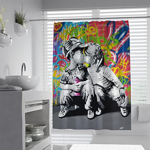 Wewoo Home Berühmte Gemälde Duschvorhang Set Banksy Street Graffiti Art Love Badewanne Dekoration mit Haken Kinder Duschvorhang 180Wx180Lcm Duschvorhang von Wewoo Home