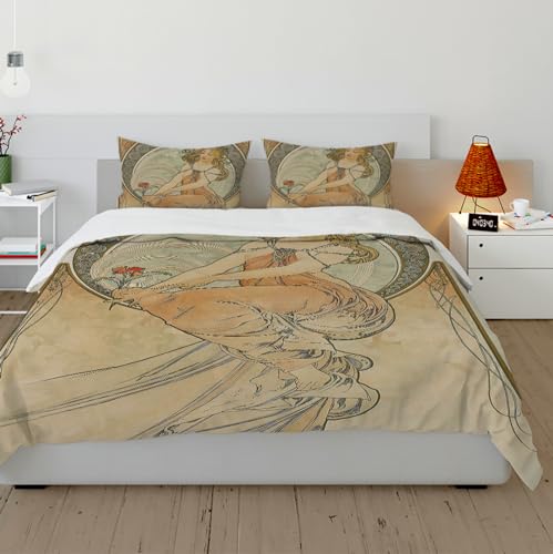 Bettbezug in voller Größe Alphonse Mucha Art Retro Luxus Damenbettdecke 3 Stück - 1 Bettbezug mit Reißverschluss und 2 Kissenbezüge 135x200cm von Wewoo Home