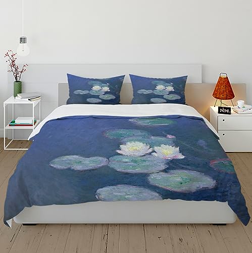 Seerosenbettwäsche Bettbezugsset mit 2 Kissenschalen Retro Monet Bettbezug mit Reißverschluss Ultraweiche Mikrofaser 3 Stück 140x200cm von Wewoo Home