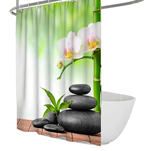 Wewoo Home Bambus Duschvorhänge Zen Stein Duschvorhang Set mit Haken Relax Duschraum Vorhang Weiß Orchidee Badvorhänge Dekoration 120x200cm von Wewoo Home