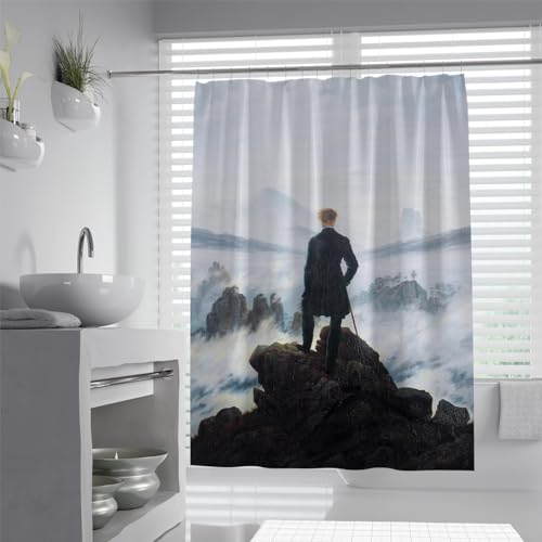 Wewoo Home Caspar David Friedrich Duschvorhang für Badezimmer Wanderer Above The Sea of Fog Art Duschvorhang Dekorationsset mit 12 Haken W120xL220cm von Wewoo Home
