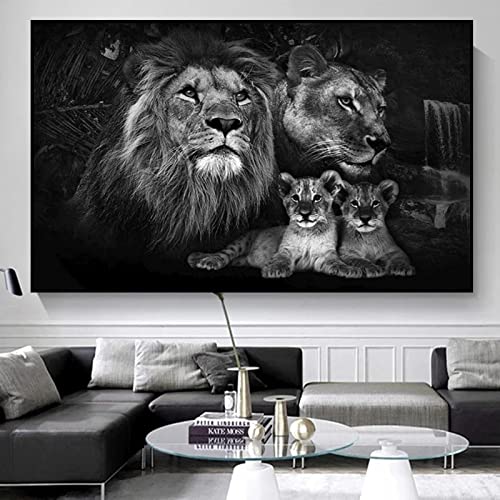 Wewoo Home Druck auf Leinwand Schwarz-Weiß-Tierkunstwerk Baby Löwe Familie Poster Wandkunst Bild für Zoo Dekor Hängende Malerei 66x99cm Innenrahmen von Wewoo Home