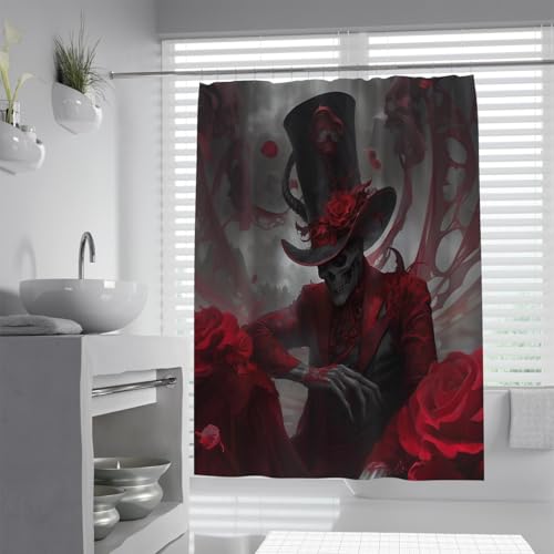 Wewoo Home Gothic Stil Duschvorhänge Totenkopf Rose Blumen Duschvorhang Dekoration Halloween Thema Wasserdichtes Badezimmer Vorhang Set mit Haken W120xL180cm von Wewoo Home