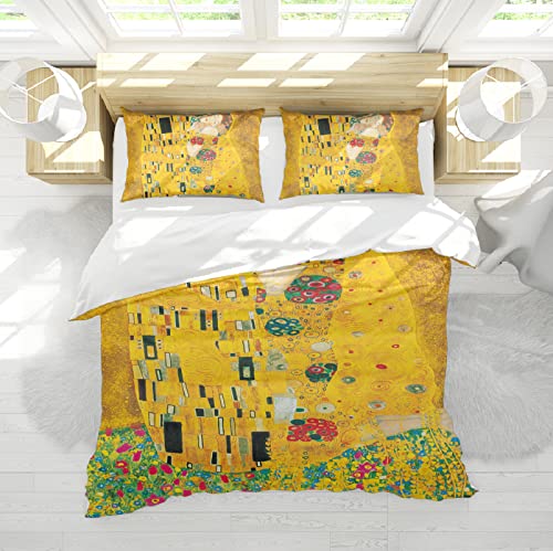 Wewoo Home Gustav Klimt Kiss Bettbezug 3-teiliges weiches Luxus-Bettwäsche-Set mit Reißverschluss und Eckbändern (1 Bettbezug + 2 Kissenkissen) 135x200cm von Wewoo Home