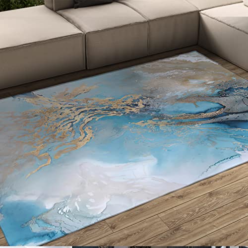 Wewoo Home Marble Textured Area Rug Navy Blue Gold Abstract Art Rug, Modern Geometric Pattern Living Room Decorative Carpet for Living Room 60x110cm von Wewoo Home