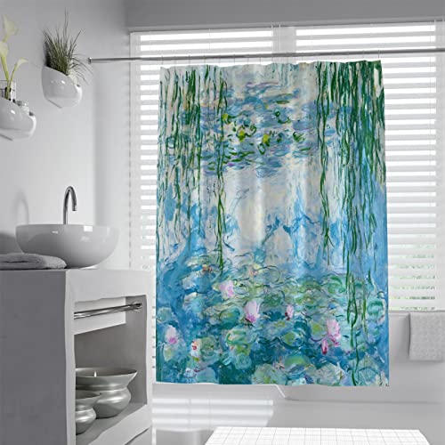 Wewoo Home Retro Blaue Duschvorhänge Seerosen von Claude Monet Ölgemälde Blumen wasserdichte Badezimmer Vorhang Dekor Sets Mit Haken W90xL200cm von Wewoo Home
