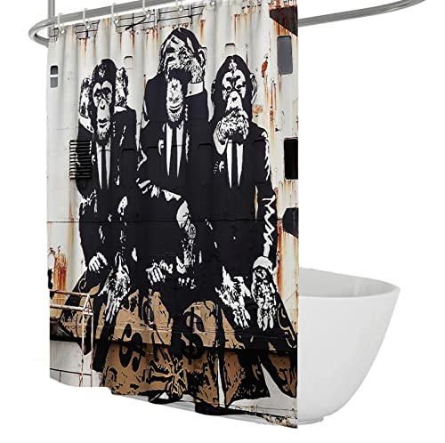 Wewoo Home Retro-Stil Duschvorhang Banksy Monkey Duschvorhang-Set mit 12 Duschvorhanghaken Rustikales Tuch Bauernhaus Badezimmer Duschvorhang W90xL180cm von Wewoo Home