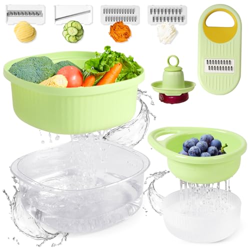 7 Stück Küchen-Sieb Set, Doppelter Siebkorb aus Kunststoff mit drei Julienne-Reiben，einem Schneidegerät und einem Handschutz, Küchensieb für das Waschen und Aufbewahren von Obst und Gemüse von Wexoma