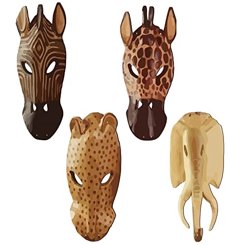 4 Stück Tiermasken Wandschild afrikanische Tiermasken Wohnzimmer Plaque Maske afrikanische Wandkunst hängende Safari Dekor Dschungel afrikanische Masken Wanddekoration für Schlafzimmer Badezimmer von Weysat