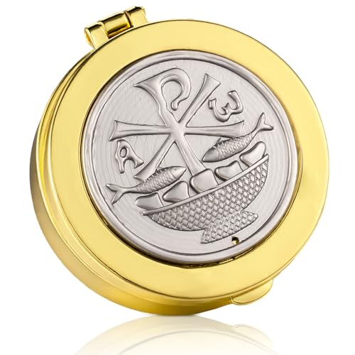 Weysat Pyx-Behälter mit goldenem lateinischem Kreuz, katholische Knospen, goldfarbenes Gehäuse, poliertes Messing, Kreuz-PYX/Andenken-Box für Kommunion, Priester, Diakone, Eucharistie, Heiliges von Weysat