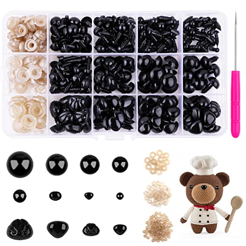 Sicherheitsaugen für Häkeltiere, 130 Stück Knopfaugen und Sicherheitsnasen zum Annähen, Kunststoff Amigurumi Augen mit Unterlegscheiben für Häkeltiere, Kuscheltiere, Plüschtiere(5-14mm) von Weysoo