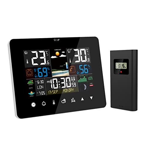 Thermometer-Hygrometer, Weytoll Sonnenaufgangs- und Sonnenuntergangs-Wetterstation Multifunktionswecker Thermometer-Hygrometer Touchscreen-Bedienung mit drahtlosem Außensensor von Weytoll