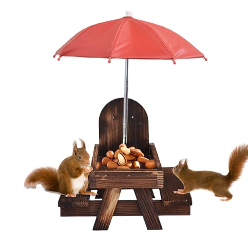 Wezalget Streifenhörnchen Futterstelle - Humoristischer Picknicktisch Mit Schirm Für Eichhörnchen | Wildtier Fressplatz, Holz Halter Für Mais Im Garten, Terrasse Und Balkon von Wezalget