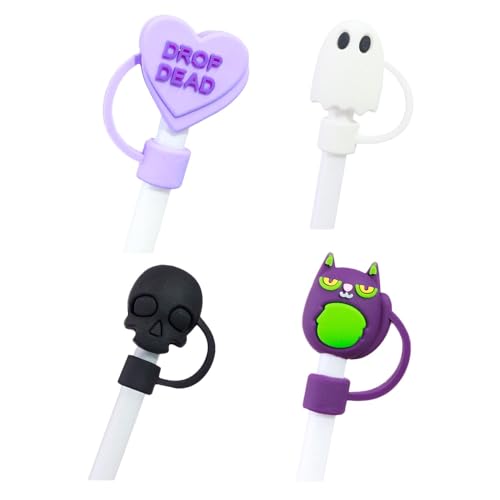 Wezalget Trinkhalm-Topper,Halloween-Katzen-Strohhalm-Abdeckung,8 mm wiederverwendbares Trink-Staubstopfen-Set | Staubdichte Deckel im Halloween-Stil, 4 Stück wiederverwendbarer Überlaufstopfen, von Wezalget