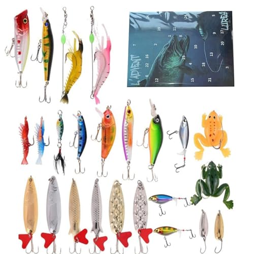 Wezalget Weihnachts Countdown Kalender - 24 Tage Countdown Weihnachtsangelköder Kalender | Hartköder Weichköder Angelzubehör Für Fluss See Teich Outdooraktivität von Wezalget