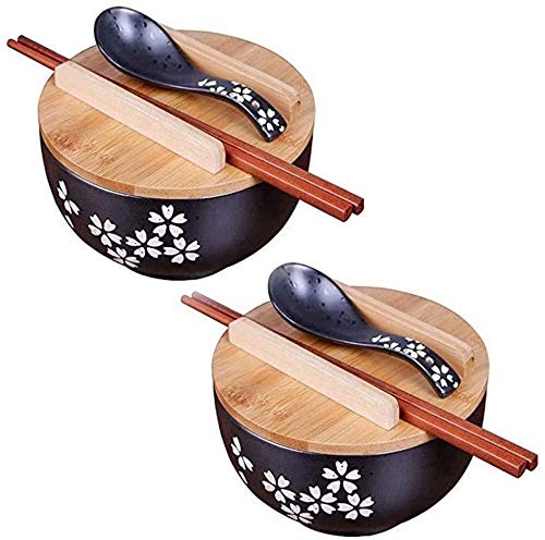 2X Japanische Vintage Ramenschüssel mit Deckel Löffel, Schwarze Ramen Schale aus Keramik Handgezeichnete Reis Schüssel Instant Nudel Schüssel 6.5 Zoll von Wgw