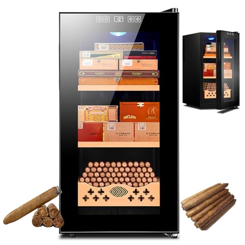 35L Electric Cigar Humidors Cabinet - 250 Cigars, Intelligent Electronic Cigar Cabinet Cooler with Spanish Cedar Wooden Drawer & Shelf, Temperature 11~18°C,Built-in LED Light, For Cigar Lovers,A von WhFKLca